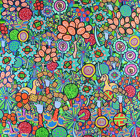 Dodos in the Jungle is an original painting by Mauritian artist Pascal Zafer (2024). Two dodos wander through an impossibly dense primeval jungle, almost swallowed by an explosion of patterned flowers, fruits, and foliage in every direction. Find them if you can — hidden in plain sight within a canvas that pulses with life, colour, and the joyful chaos of a world before human arrival. Endlessly rewarding to explore.Keywords: dodo painting, Mauritius, Mauritian art, jungle painting, hidden dodo, original painting 2024, contemporary African art, tropical art, colourful wall art.