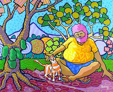 Cuddling is an original painting by Mauritian artist Pascal Zafer (2025) — a warm and whimsical self-portrait. The artist, sporting his dream pink beard and a patterned yellow shirt, crouches contentedly to stroke his ginger cat beneath the shade of patterned tropical trees. A mountain peeks softly in the background. Tender, playful, and quietly autobiographical, this is Zafer at his most personal and joyfully human.
Keywords: self-portrait painting, Mauritius, Mauritian art, cat painting, figurative art, original painting 2025, contemporary African art, colourful wall art, narrative art.
