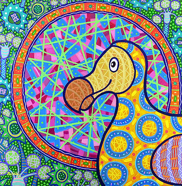 Portrait of a Yellow Dodo, a Zafer style painting by Mauritian artist Pascal Lagesse of a yellow dodo in close-up, its body patterned with circles, against a radiant circular background.