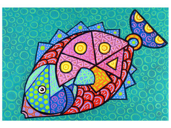 Zafer Fish is an original painting by Mauritian artist Pascal Zafer (2024). A bold tropical fish constructed entirely from geometric forms — triangles, circles, scales and squares — glides through a teal circle-dotted ocean. Every section of its body carries a different pattern, building a creature that is part mosaic, part stained glass, and entirely alive. Playful, graphic, and unmistakably Zafer — a perfect expression of the style in a single joyful subject.
Keywords: fish painting, Mauritius, Mauritian art, geometric art, Zafer style, original painting 2024, pop art fish, contemporary African art, colourful wall art, Indian Ocean art.