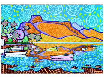 A vibrant fine art print by Mauritian artist Pascal Lagesse in his signature Zafer style, featuring colourful pirogues floating in the lagoon of Mahébourg, Mauritius. Bold geometric patterns, vivid tropical colours, stylised reflections, and expressive textures transform this iconic coastal landscape into a dreamlike contemporary artwork celebrating Mauritian culture, island life, and emotional imagination.