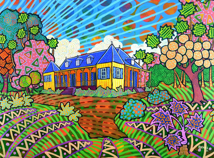 Yellow Colonial House, a Zafer style painting by Mauritian artist Pascal Lagesse of a grand yellow Creole manor with a blue roof in a patterned tropical garden.