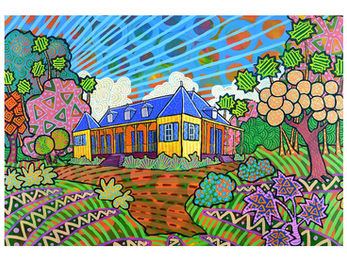 Yellow Colonial House is an original painting by Mauritian artist Pascal Zafer (2026), a vibrant celebration of the elegant Creole colonial architecture that remains one of Mauritius's most cherished cultural landmarks. A grand yellow manor with blue pitched rooftops sits nestled within an exuberantly patterned tropical garden, framed by striped lawns, polka-dotted shrubs, and wildly patterned exotic flowers, while a dramatic sky of radiating blue rays crowns the scene with cosmic energy. At once an architectural portrait and a love letter to the Mauritian landscape, this work captures the island's colonial heritage through a joyfully contemporary lens.
Keywords: Mauritius colonial house, Creole architecture painting, Mauritian art, original acrylic painting 2026, tropical garden art, colourful wall art, contemporary African art, Indian Ocean art.