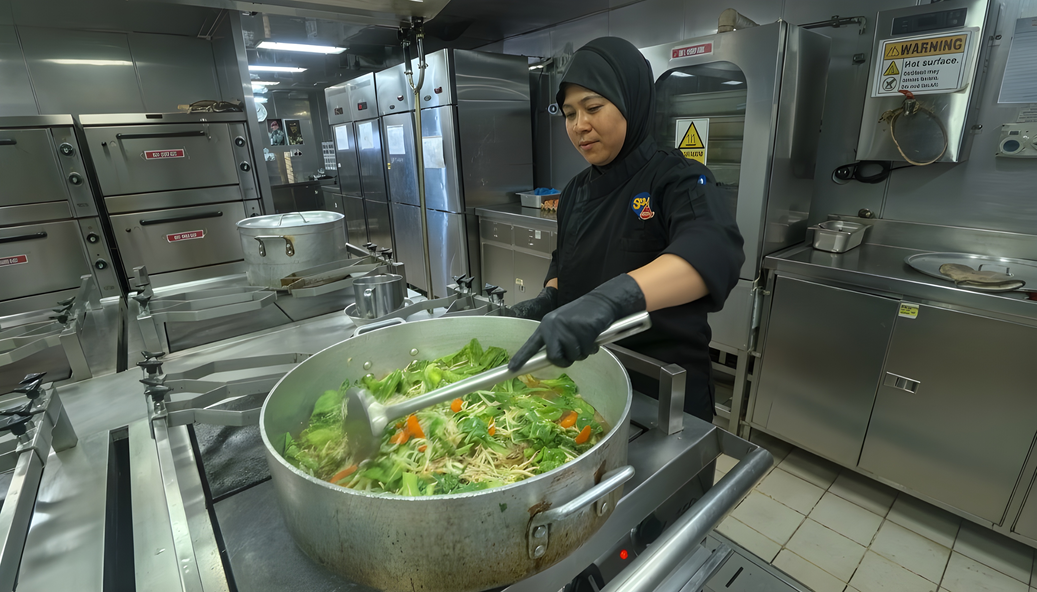 A lady chef stirring vegetables in a pot