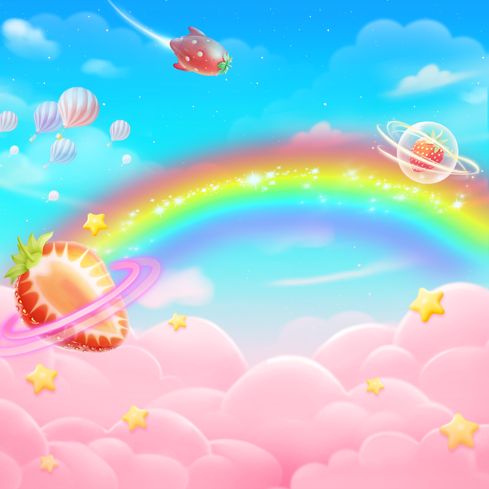 an illustration of a strawberry planet with a rainbow in the background