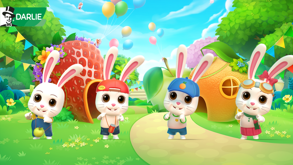 two cartoon rabbits are standing next to each other with balloons in the background
