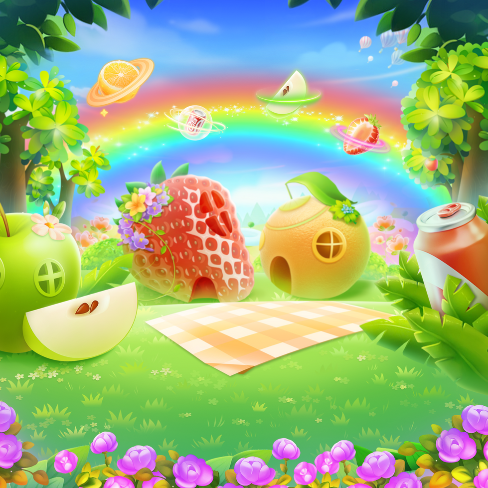 a cartoon illustration of a picnic with fruits and flowers