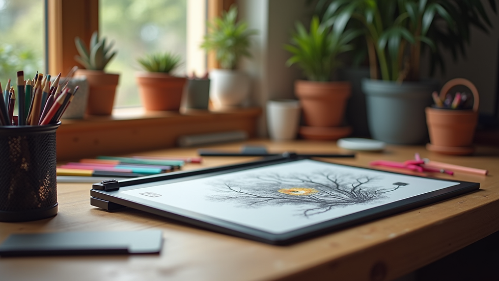 Eye-level view of a cozy creative workspace with a digital drawing tablet and colorful art supplies