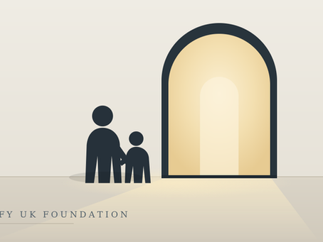 Illustration of a parent and child, hand in hand, facing an open doorway filled with light, representing a family finding a way through.