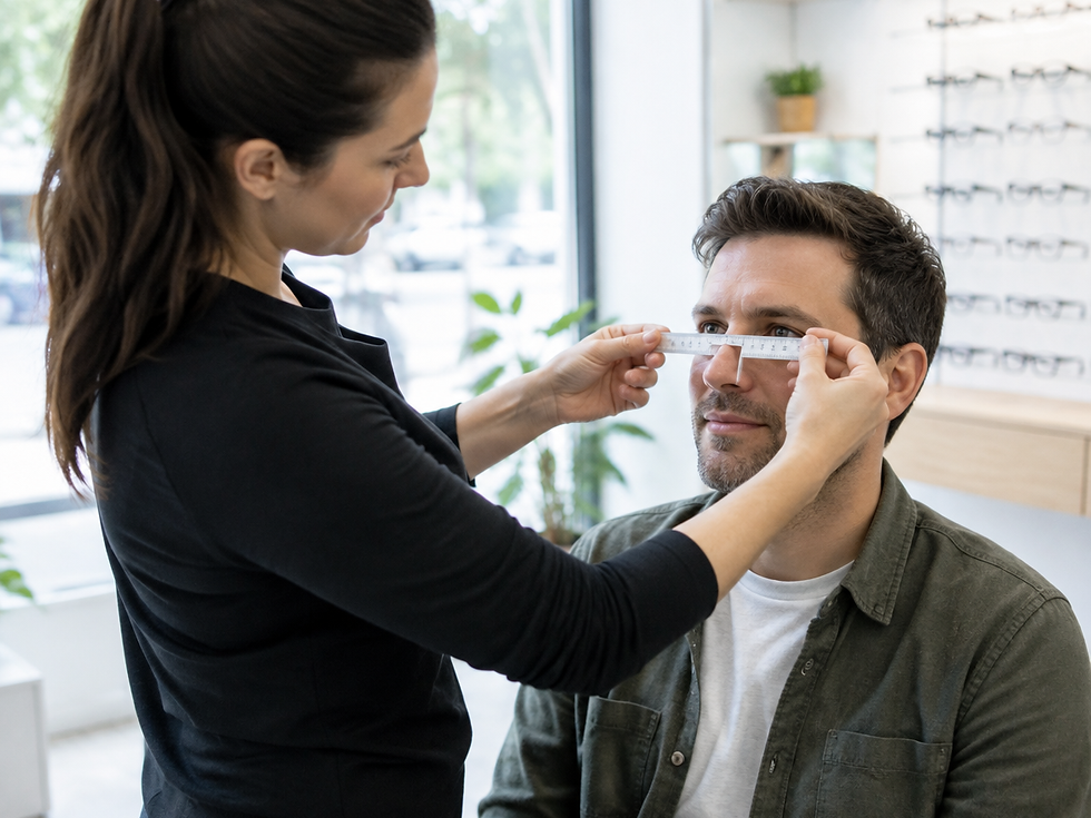 Optician measuring a customer's pupillary distance in an optical store
