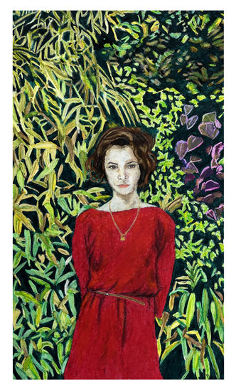 Lady in red, hands placed behind her back, her hip slightly tilted. Behind her is an array of thick foliage covering any background.