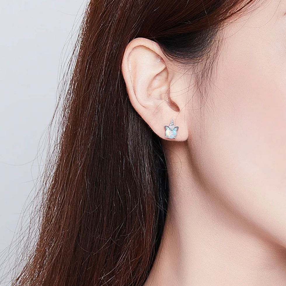 Thumbnail: Stunning “Cat/Unicorn/Heart Opal” Platinum-Plated Sterling Silver Earrings
