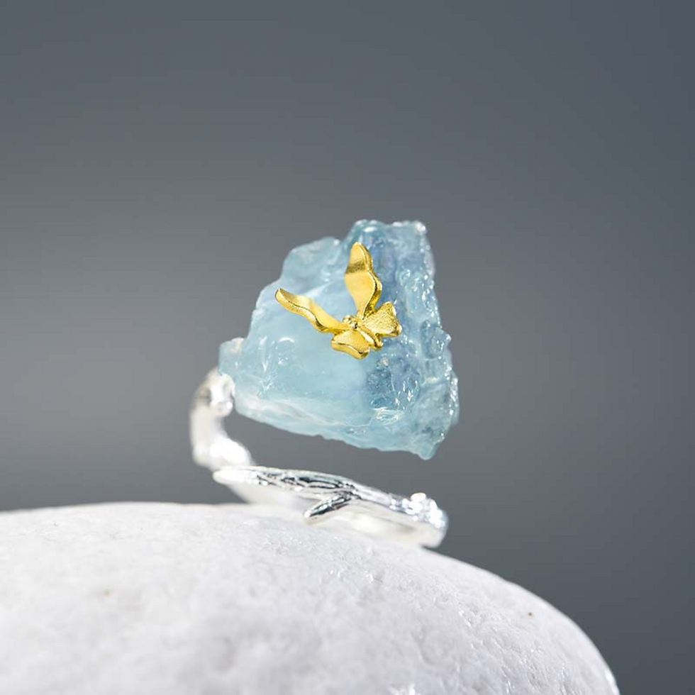 Thumbnail: Magnificent “Butterfly Aquamarine Gem” 925/Gold-Plated Sterling Silver Rings