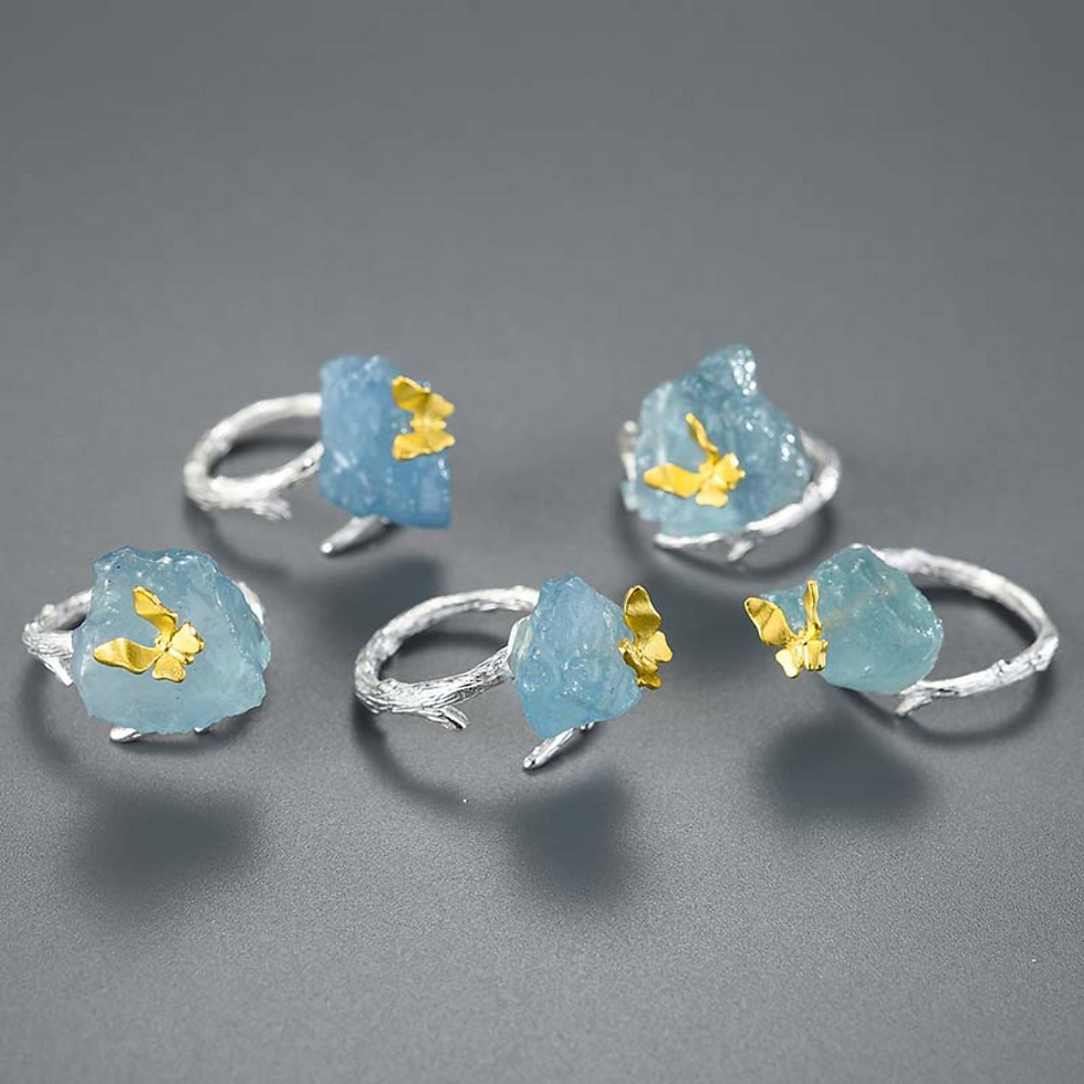 Thumbnail: Magnificent “Butterfly Aquamarine Gem” 925/Gold-Plated Sterling Silver Rings