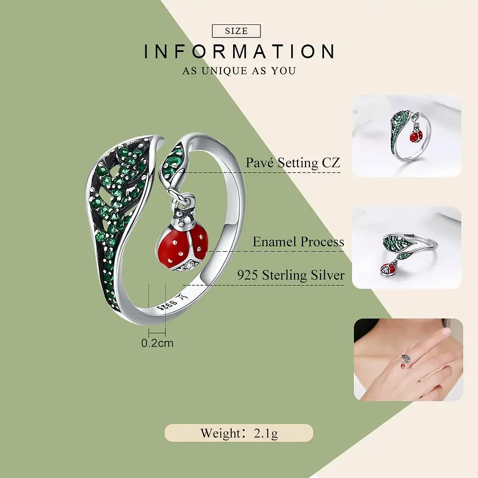 Thumbnail: Enchanting “Resting Ladybug Dangle on Tree Leaves” Sterling Silver Ring