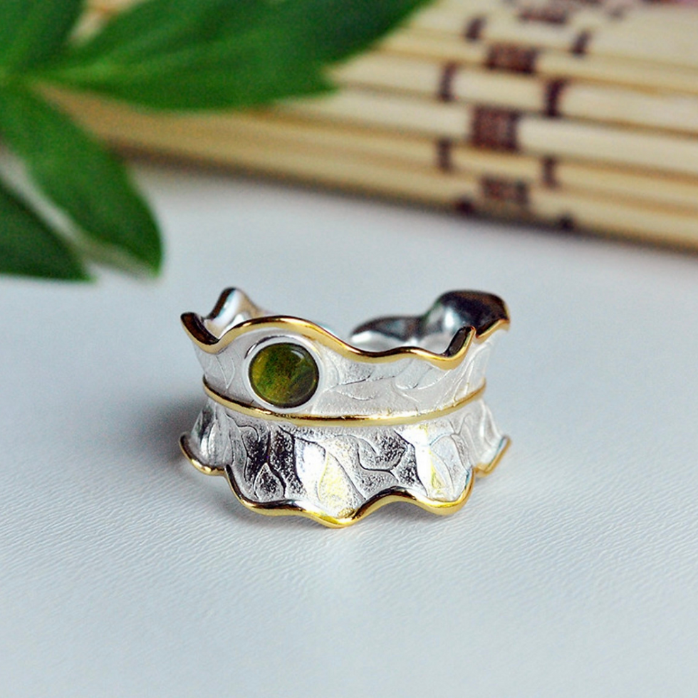 Thumbnail: Stylish “Tourmaline Gemstone Peony Leaf” Gold-Plated Sterling Silver Rings