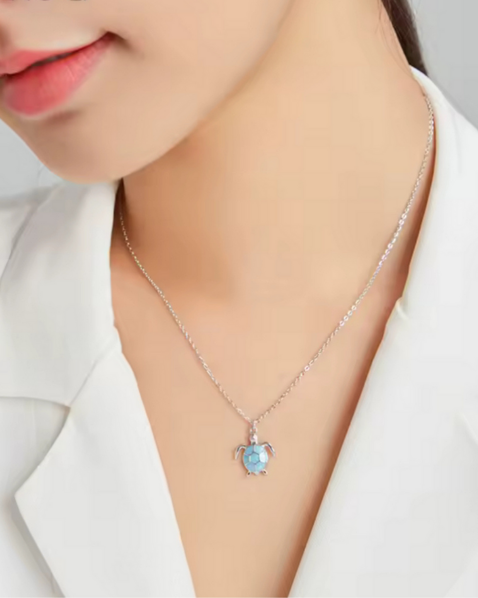 Thumbnail: Whimsical “Sky Blue Enamel Turtle” Platinum-Plated 925 Pendant Necklace/Earrings