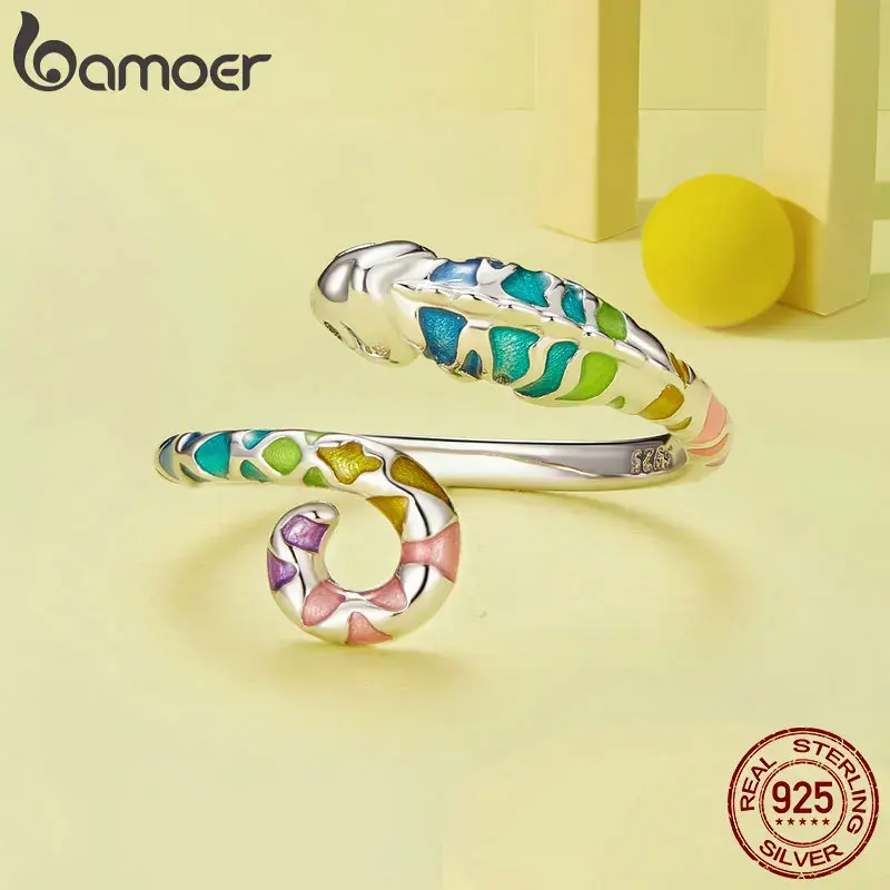 Thumbnail: Delightful “Colourful Enamel Chameleon” Platinum-Plated Sterling Silver Ring