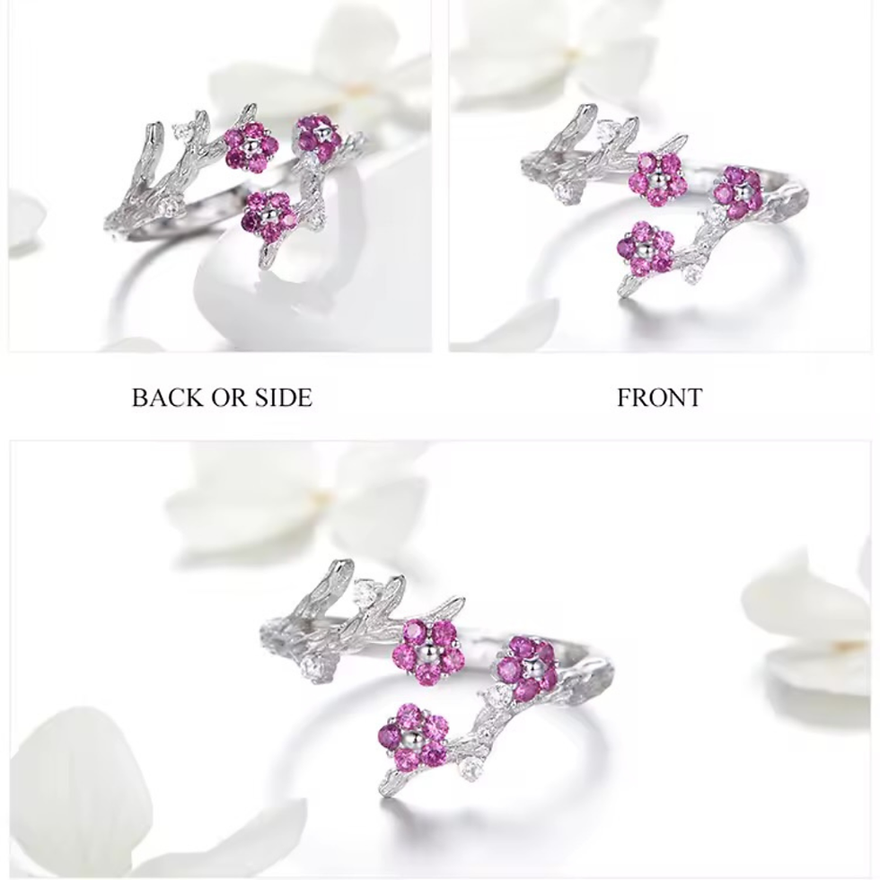 Thumbnail: Stylish “Blooming Purple CZ Plum Flowers” Platinum-Plated Sterling Silver Ring
