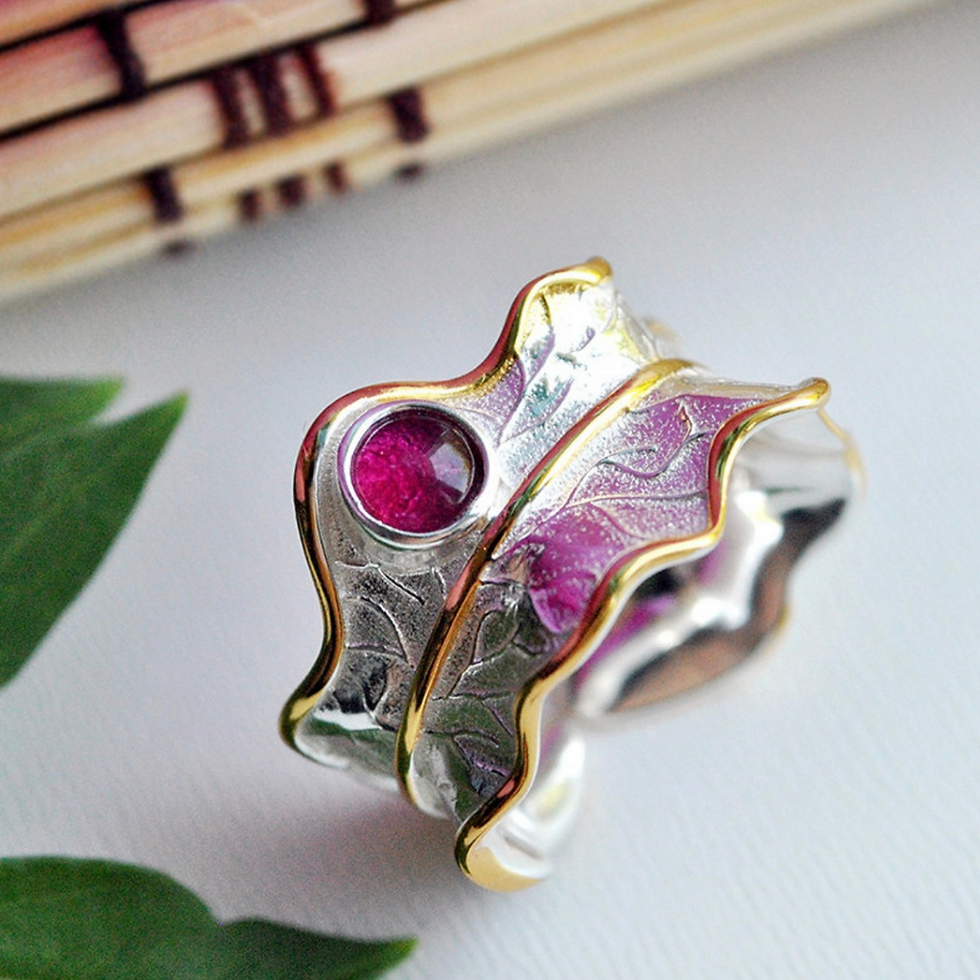 Thumbnail: Stylish “Tourmaline Gemstone Peony Leaf” Gold-Plated Sterling Silver Rings