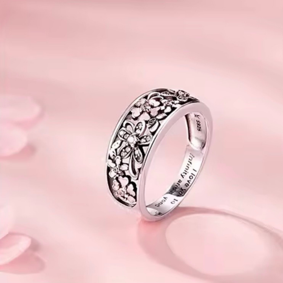 Thumbnail: Charming “Daisy Flower & Infinity Love Pave” Sterling Silver Ring