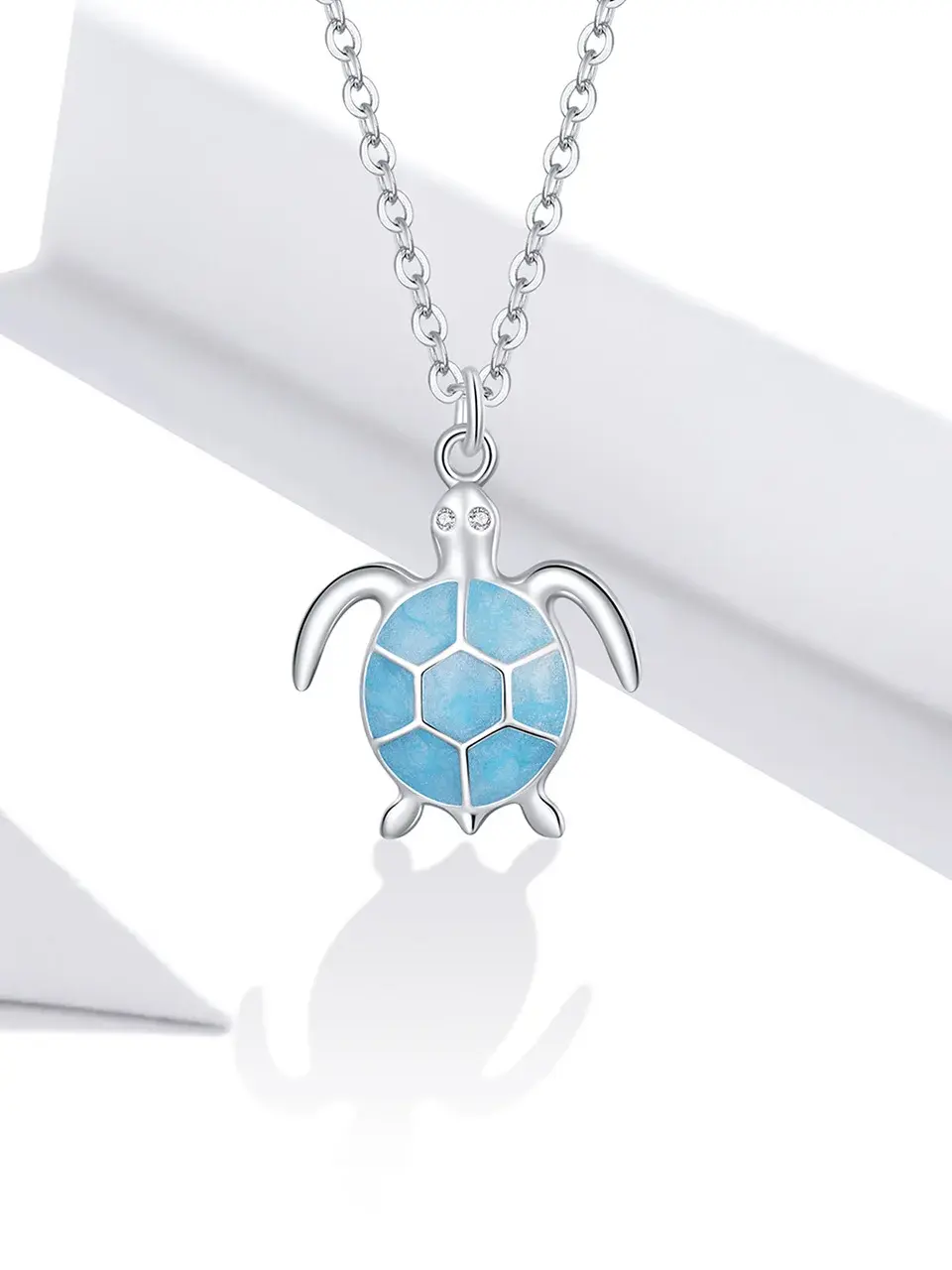 Thumbnail: Whimsical “Sky Blue Enamel Turtle” Platinum-Plated 925 Pendant Necklace/Earrings