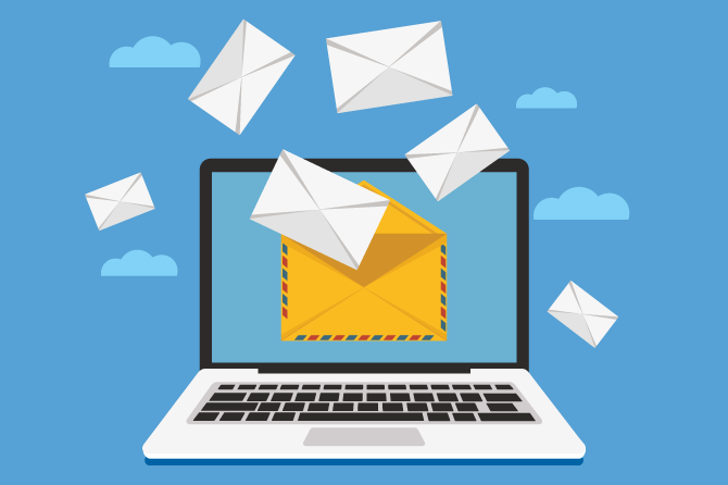 A laptop with scattered envelopes coming out of the screen and into the blue background with clouds