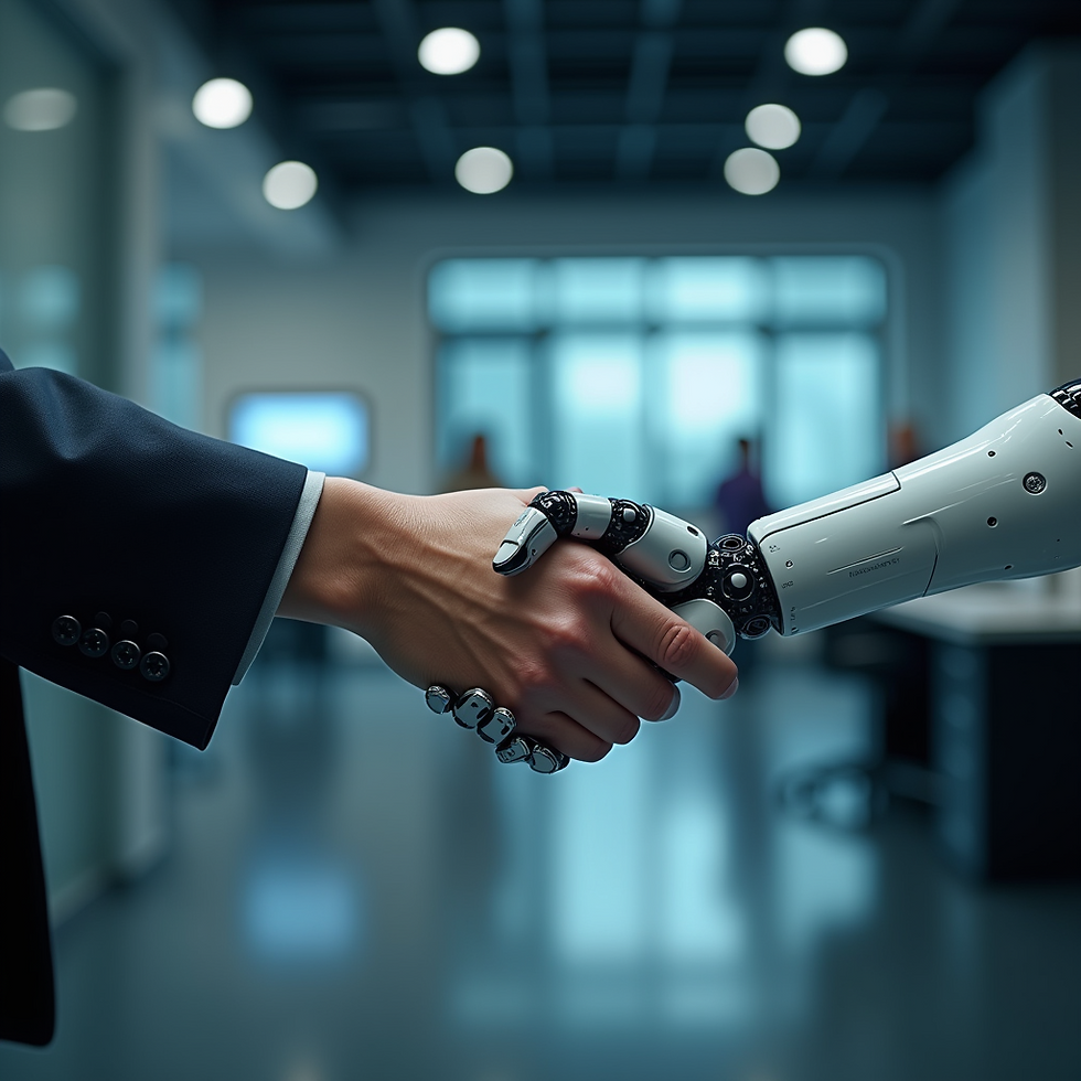 A human and a humanoid robot shake hands, symbolizing the collaboration between technology and humanity in a modern office setting.