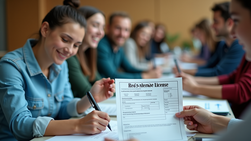 High angle view of a person filling out a real estate license application form