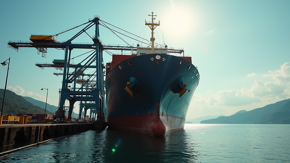 Eye-level view of a cargo ship docked at a Colombian port