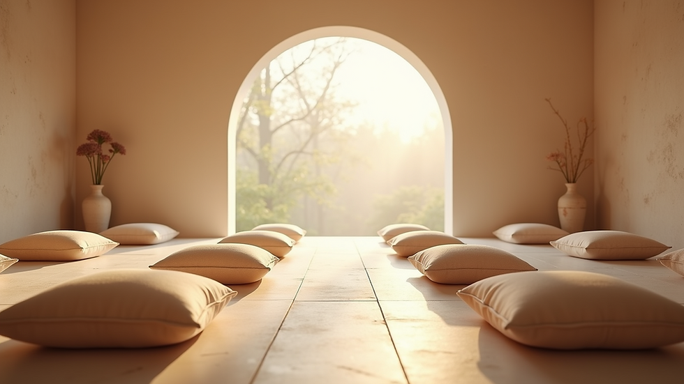 Eye-level view of a serene meditation space with soft lighting and cushions
