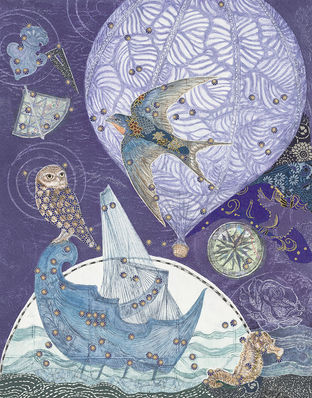 Vertical image of several constellations that are no longer recognized. Including: Argo Navis (the ship), Noctua - little owl, the giant swallow, Hippocampus (seahorse) globus aerostaticus (hot air balloon), quadrus muralis, lilium, triangulum, pyxis - mariner's compass, and a rose. 