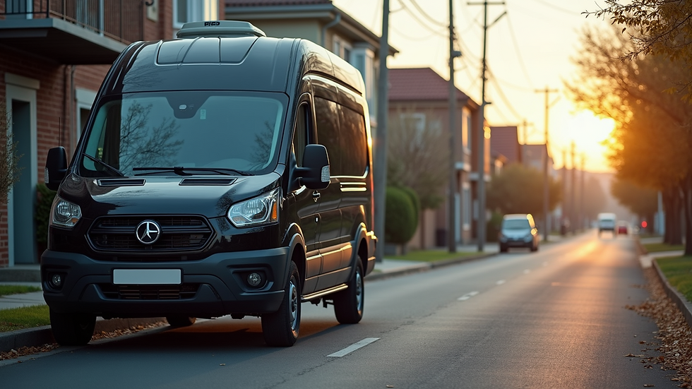 Eye-level view of a mobile tire service van parked on a residential street