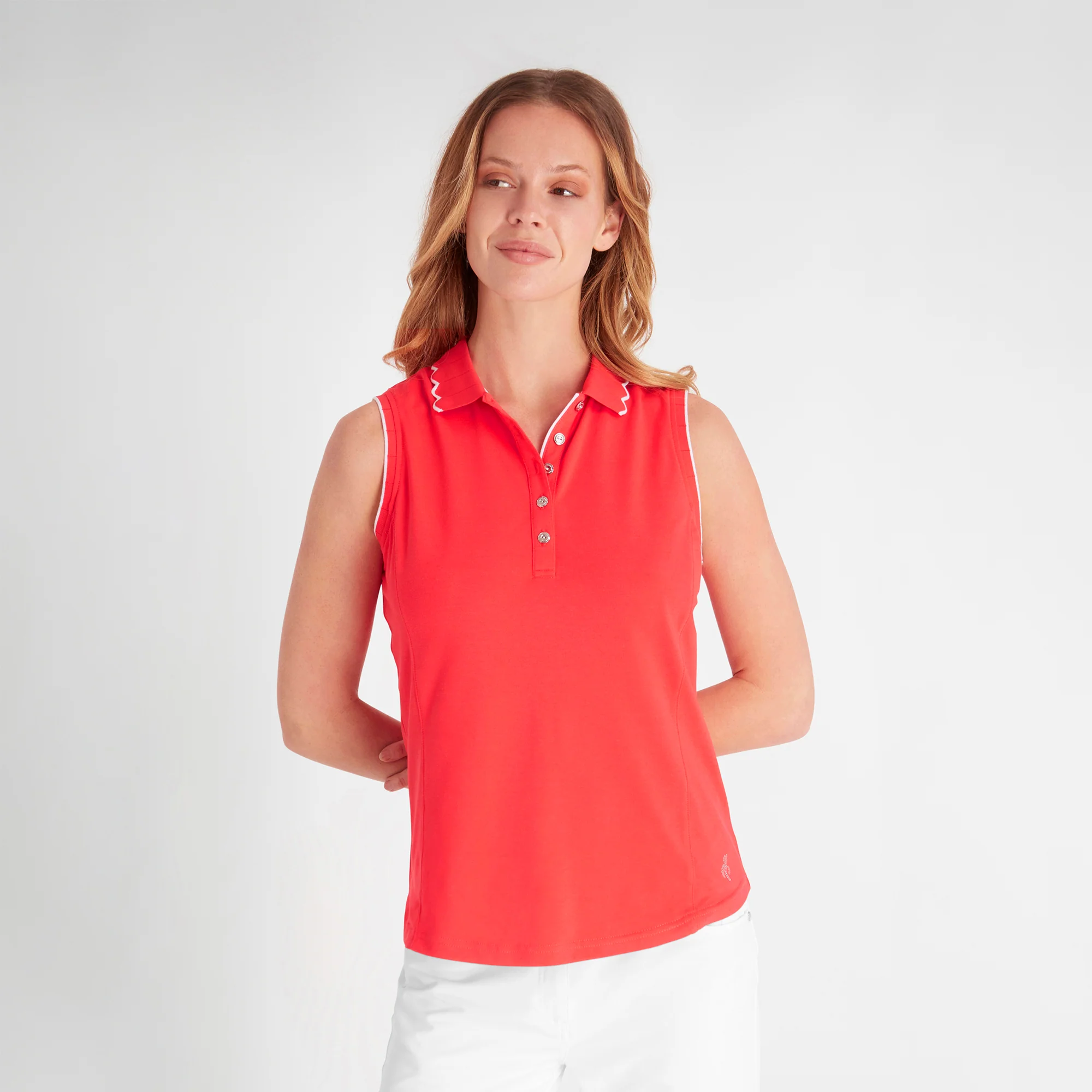 Green Lamb  Nadia SL Polo with Scalloped  Collar in Poppy