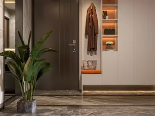 Modern Luxury Interior Design Entryway with built-in storage and some plants