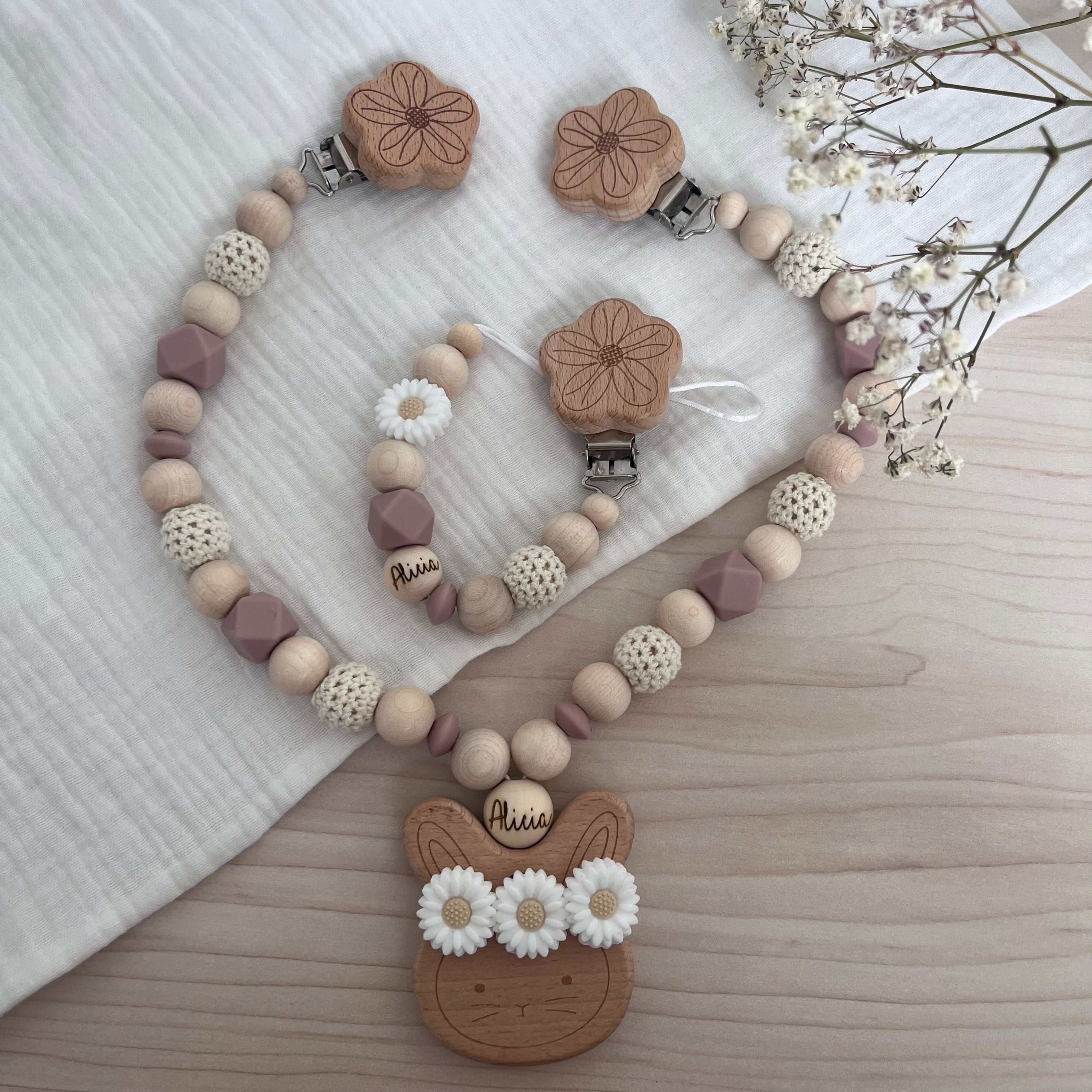  Schnullerkette & Kinderwagenkette Set - Hase