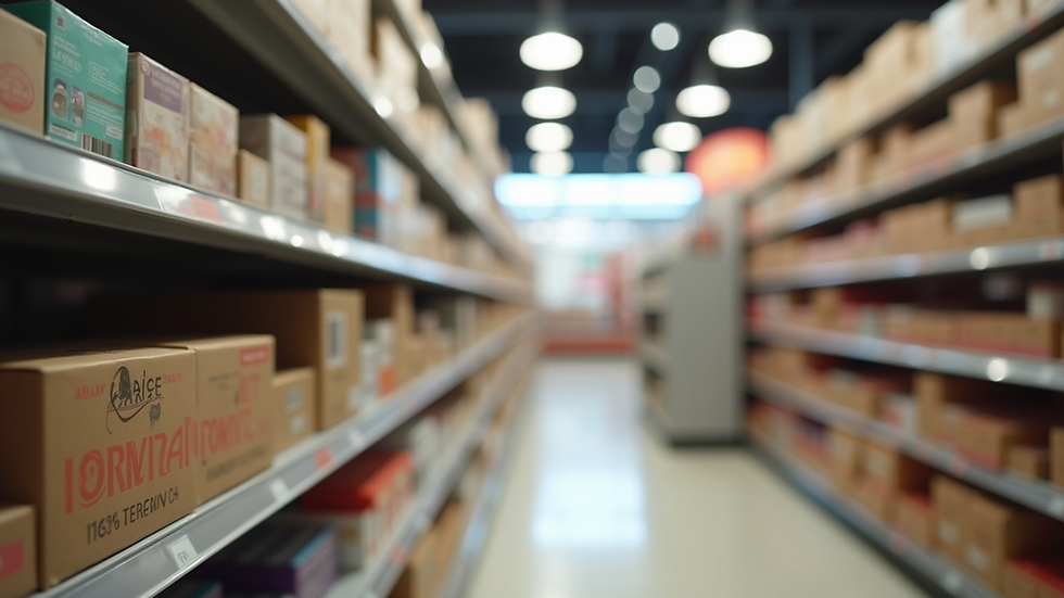 Eye-level view of a retail store shelf with branded packaging