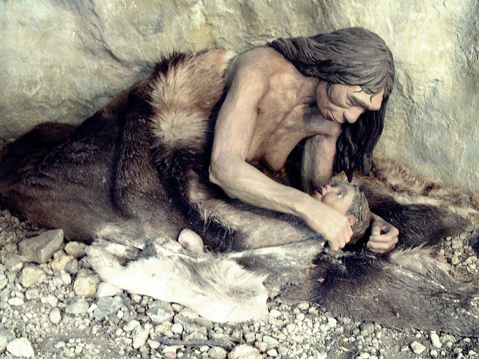 A representation of a neanderthal mother with her baby / Una representación de una madre neandertal con su bebé.