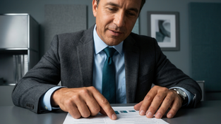 Pessoa revisando uma proposta comercial com marcações sobre escopo, contrato e responsabilidade na prestação de serviços.