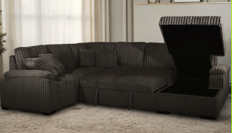 Thumbnail: 4PCS CHOCOLATE CORDUROY U SHAPED SECTIONAL SOFA WITH PULL OUT BED AND STORAGE