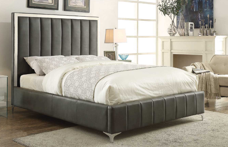 IN STOCK NEW_GREY FAUX LEATHER UPHOLSTERED FULL BED ONLY/  BOX SPRING REQUIRED