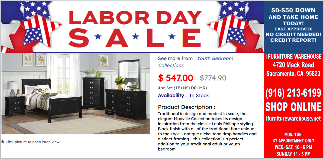 LABOR DAY BLACK TWIN BED, DRESSER, MIRROR, NIGHTSTAND
