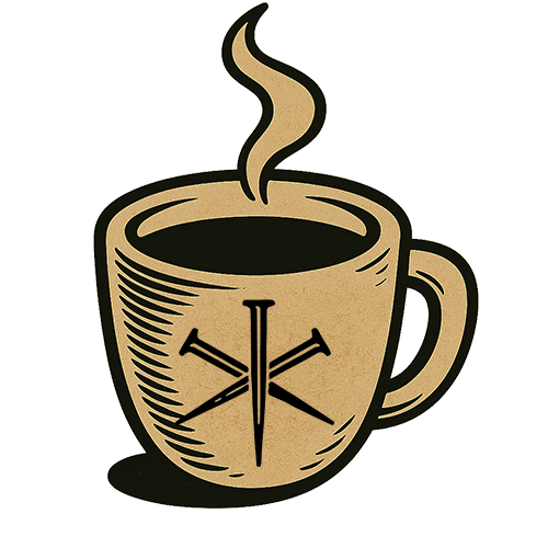 Steaming coffee cup logo with nail cross symbol for Carpenter Coffee Roasters