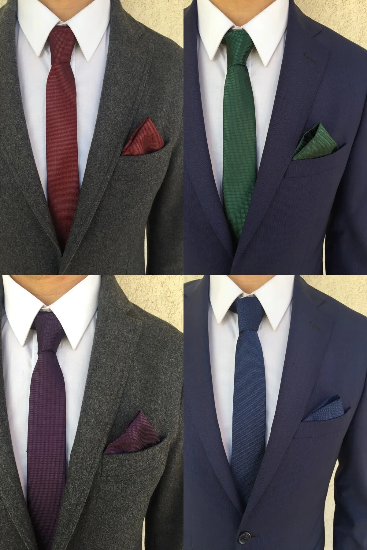 5.5 cm Bordo/Yeşil/Mor/Mavi İnce Kravat Mendil Seti