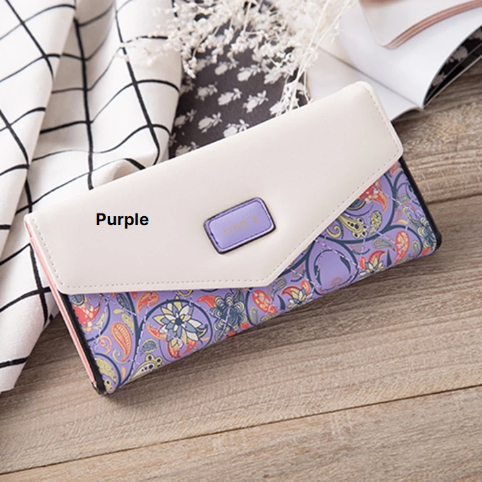 Thumbnail: High Quality Women Korean Embroidery Envelope Leather Zipper Clasp Clutch Purse