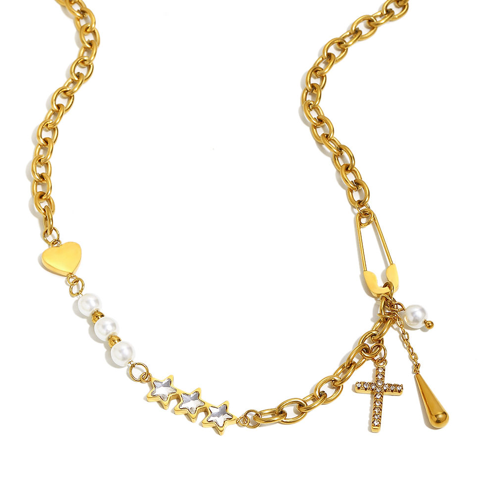 Thumbnail: Imitation Pearl Bead Chain Necklace Zircon Star Cross Charm Jewelry Gold Plated