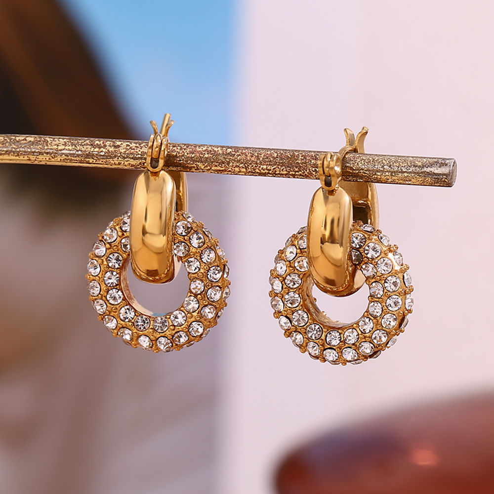 Shining Zircon Donut Hoop Earring Gold Plated Huggie Earrings Stainless Steel J