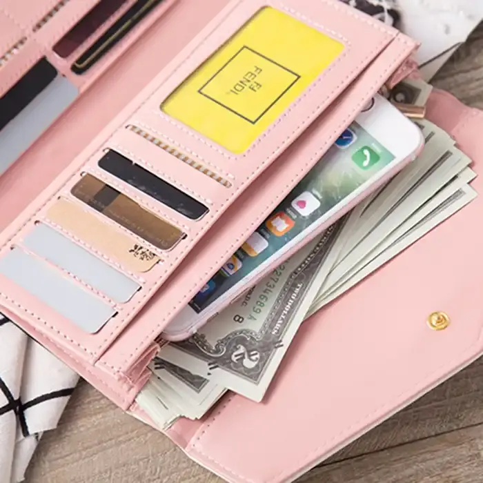 Thumbnail: High Quality Women Korean Embroidery Envelope Leather Zipper Clasp Clutch Purse
