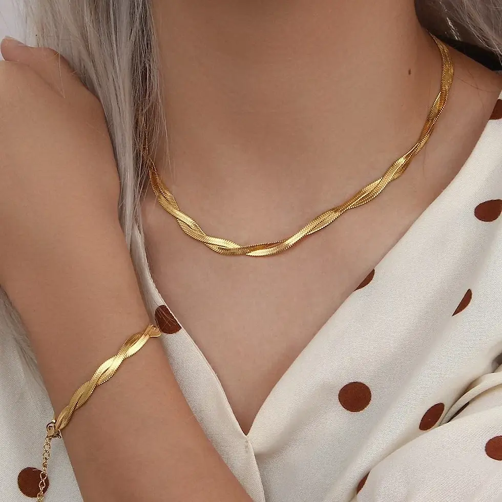 Thumbnail: Three Layers Thin Snake Bone Chain Gold Plated Stainless Steel Jewelry Necklace