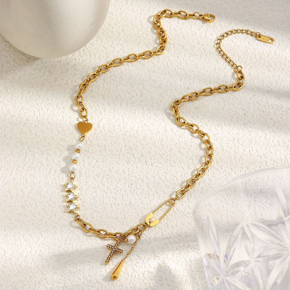 Thumbnail: Imitation Pearl Bead Chain Necklace Zircon Star Cross Charm Jewelry Gold Plated